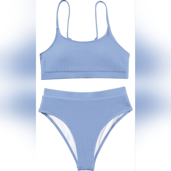 High Waisted Tummy Control Ribbed Bikini Crop Top Brazilian Swimsuit Set 2 Piece - Picture 2 of 7